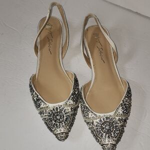 Betsey Johnson Silver Embellished Slingback Flats Sz 7
